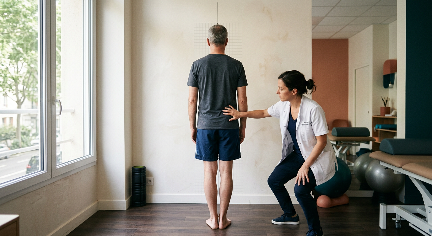 Un kinésithérapeute-ostéopathe observe l'alignement postural d'un patient debout, de dos, dans un cabinet de soin.